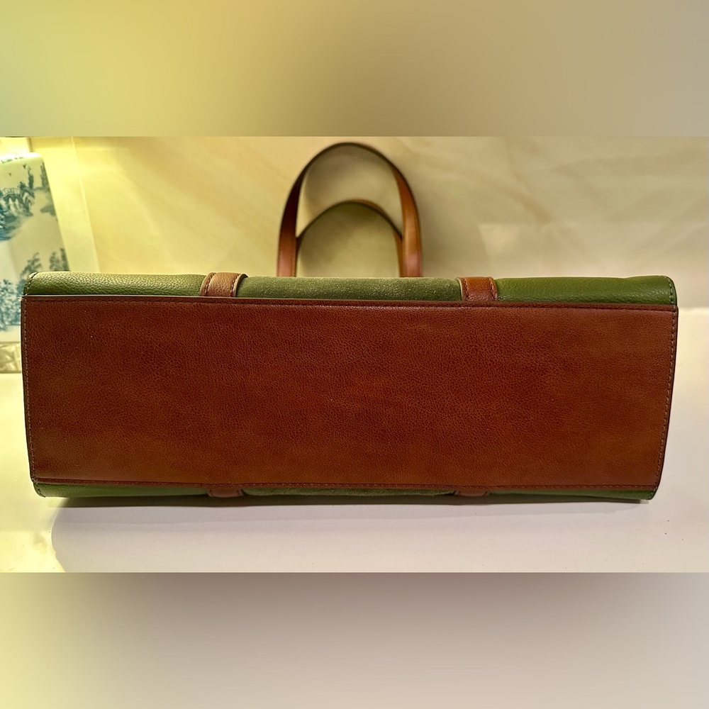 Fossil Leather Suede Green Tote Handbag Green Brown Handles Work Travel Safari - Picture 4 of 16